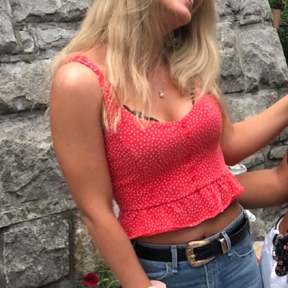 Forever 21 Red Polka Dot Cropped Tank Top with Ruffled Bottom - Picture 5 of 7